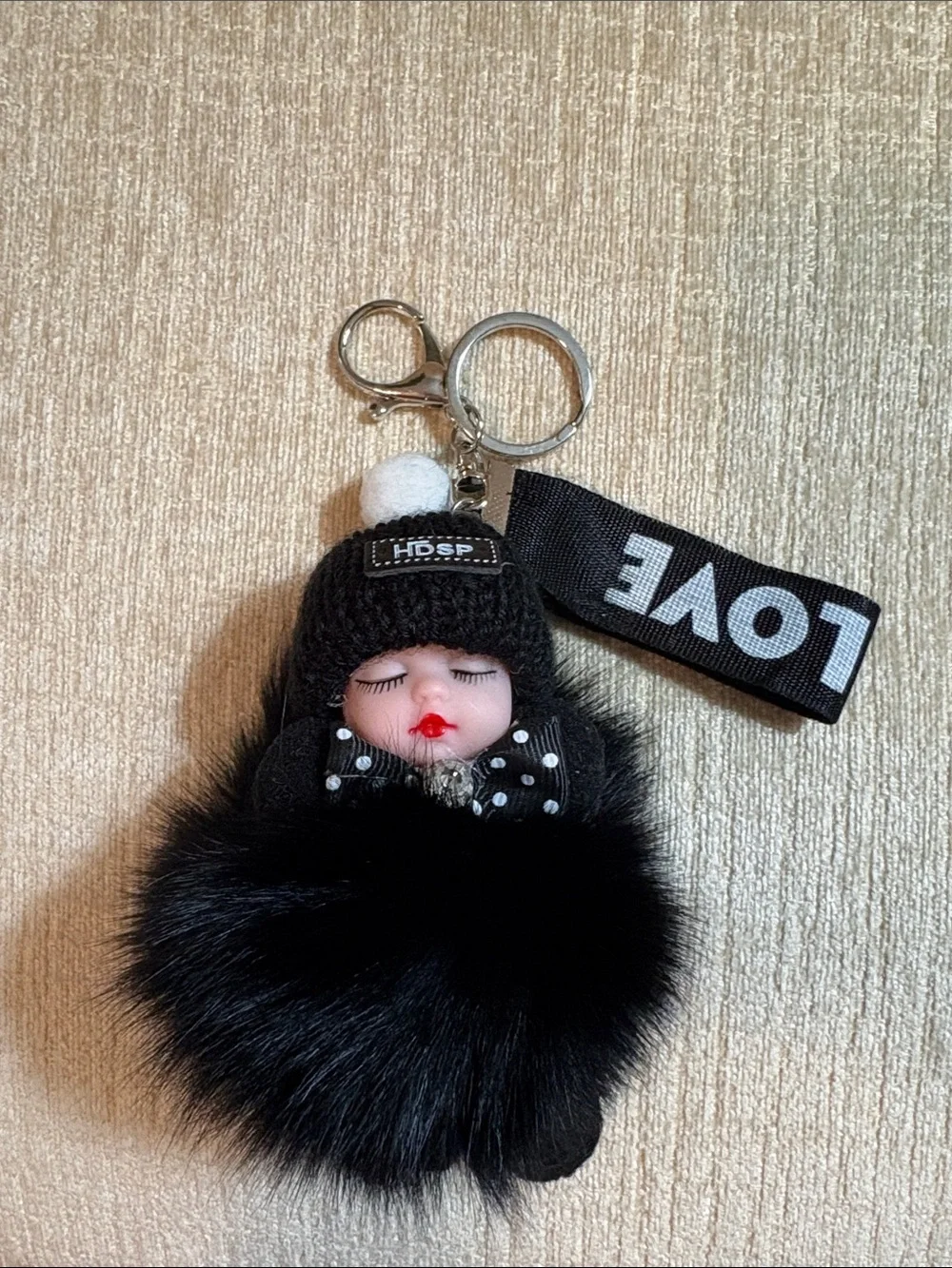 Source Unknown Black Pom-Pom Doll Keychain with LOVE Strap